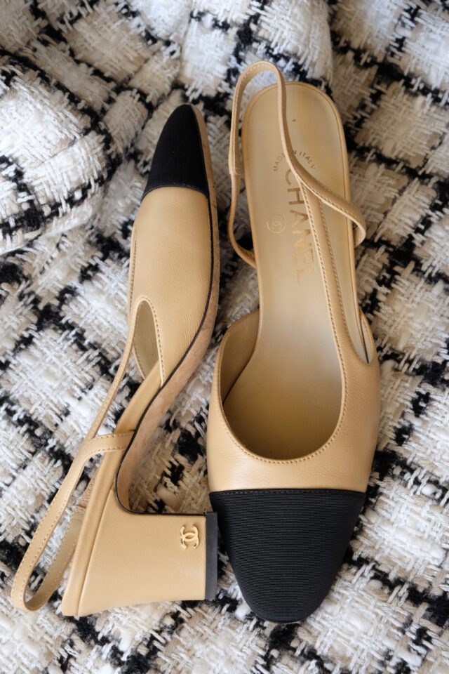 Beige and black leather Chanel sling backs