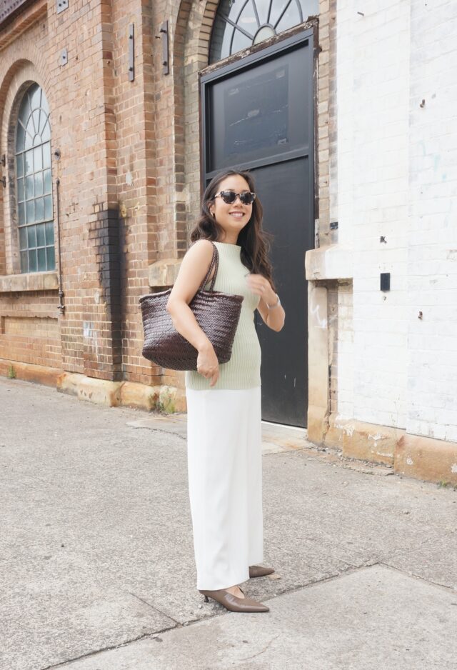 woman wearing mocha mousse low heels in blog post sharing best low heels for work